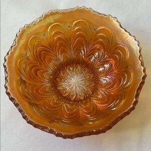Vintage Fenton Peacock tail Marigold Carnival glass berry bowl 5.25”